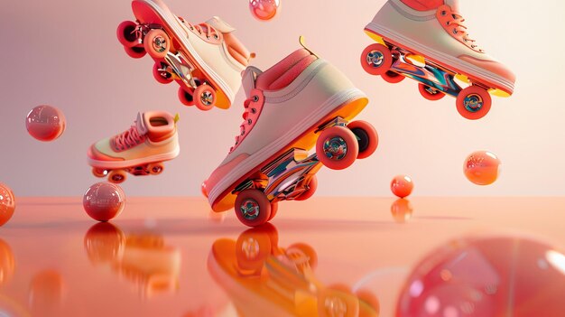 Roller skating koła i łyżwy unoszące się w powietrzu w stylu 3D odizolowane obiekty latające w stylu Memphis 3D renderowanie ilustracji generowanej przez AI