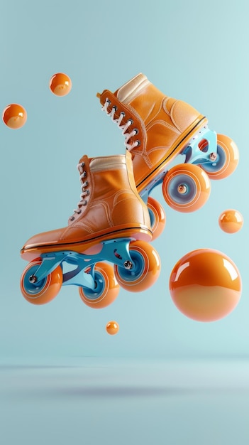 Roller skating koła i łyżwy unoszące się w powietrzu w stylu 3D odizolowane obiekty latające w stylu Memphis 3D renderowanie ilustracji generowanej przez AI