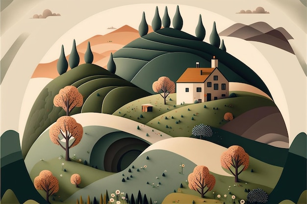 Rolling hillside Płaska konstrukcja ilustracji stonowanych i ziemistych kolorów harmonii i równowagi Generative AI