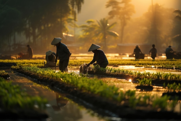 Rolnictwo Azji Lokalni tajlandzcy rolnicy sadzą pola ryżowe Generatywna sztuczna inteligencja
