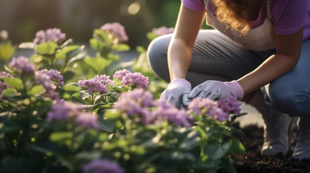 Rolnictwo Kobieta podlewająca rośliny organiczne Zbieranie kwiatów koszyk ogrodnik rolnik roślin pracujący