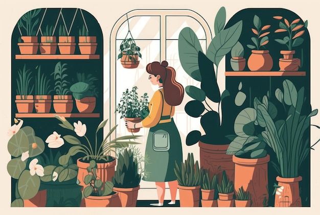 Rolnictwo ogrodnik hobby i praca w ogrodzie Kobieta sadzenie kwiatów w ogrodach Kwiaty ogrodnik Mieszkanie ilustracji wektorowych