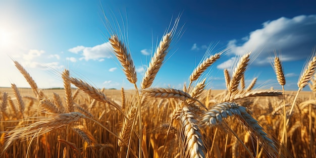 Rolnictwo zbiorów tło panorama krajobrazu Zbliżenie dojrzałego letniego ziarna pszenicy pola pszenicy uszy niebieskie niebo i słońce
