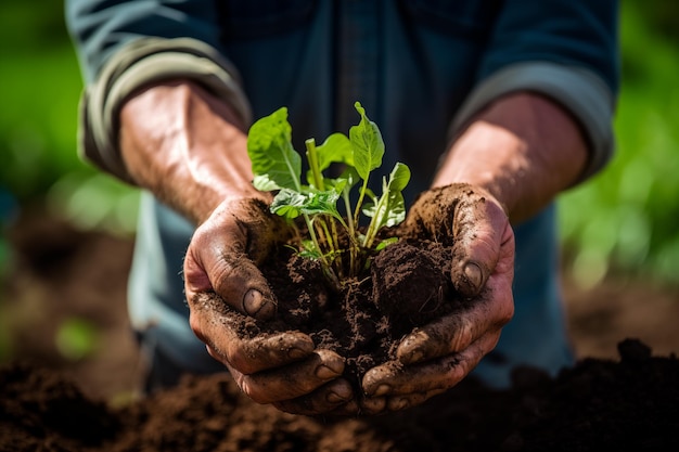 Rolnicy ręcznie sprawdzają zdrowie gleby na farmie ekologicznej Rośliny siewne generują Ai