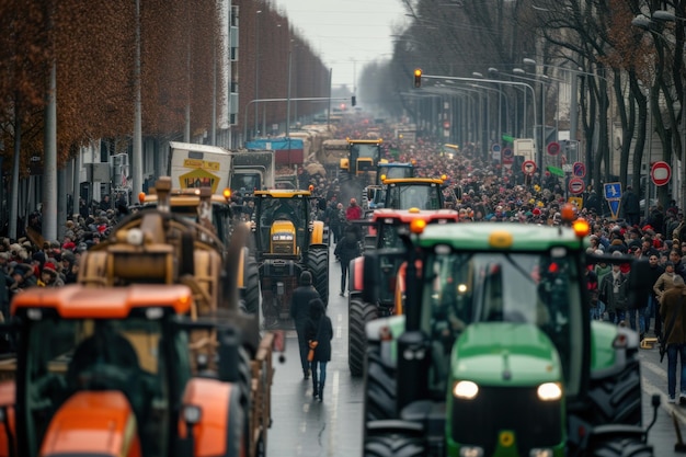 Rolnicy strajkują nad traktorami Protest kierowców traktorów na ulicach europejskiego miasta Rally