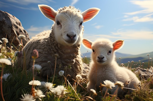 Rolnicy z wielką radością hodują owce na farmach, strzyżą owce do sprzedaży na targu. Scena z szczęśliwymi owieczkami na farmie.