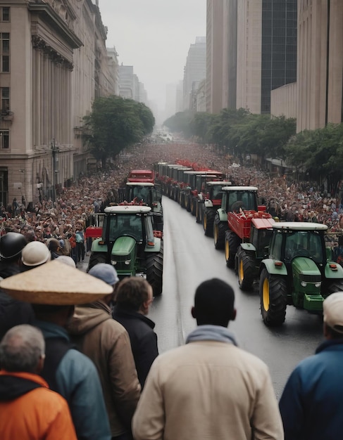 Zdjęcie rolnicy zablokowali ruch traktorami podczas protestu.