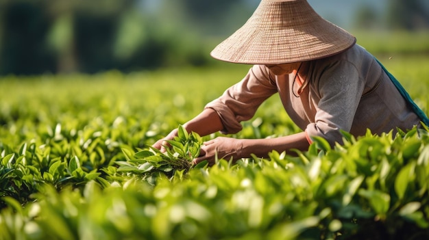 Rolniczka zbierająca ręcznie świeże ziarna kawy z plantacji kawy Generative AI