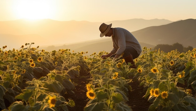 Rolnik bada pole słonecznika o zachodzie słońca Koncepcja rolnictwa i hodowli