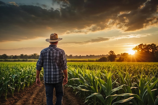 Rolnik cieszący się zachodem słońca nad polem kukurydzianym, zastanawiający się nad zrównoważonym rolnictwem i zdrową żywnością z dużą ilością miejsca na reklamę