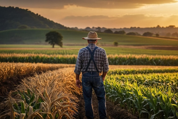Rolnik cieszący się zachodem słońca nad polem kukurydzianym, zastanawiający się nad zrównoważonym rolnictwem i zdrową żywnością z dużą ilością miejsca na reklamę