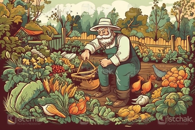 Rolnik ekologiczny zbiera świeże produkty w bujnym ogrodzie
