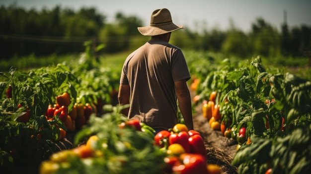 Rolnik idący z plecami w polu pomidorowym