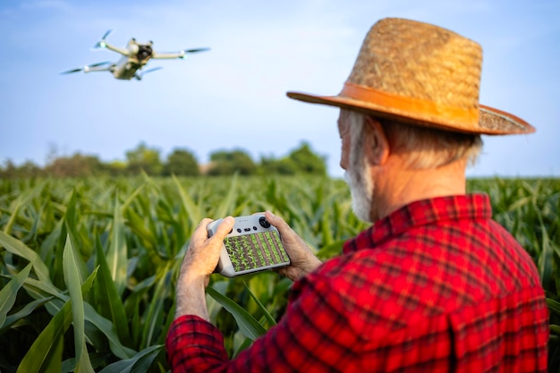 Rolnik Latający Dronem Rolniczym Monitorujący Pole Kukurydzy I Zbierający Dane Dotyczące Stanu Zdrowia