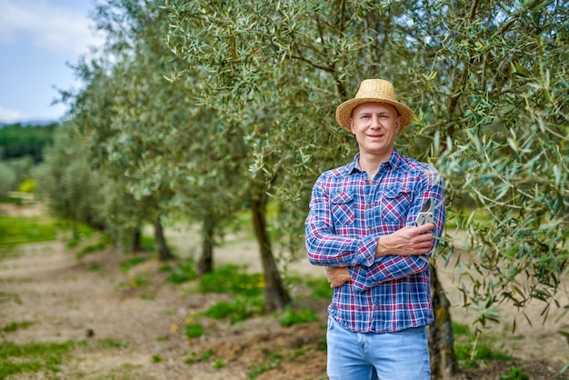 Rolnik mężczyzna w słomkowym kapeluszu na plantacji oliwek.