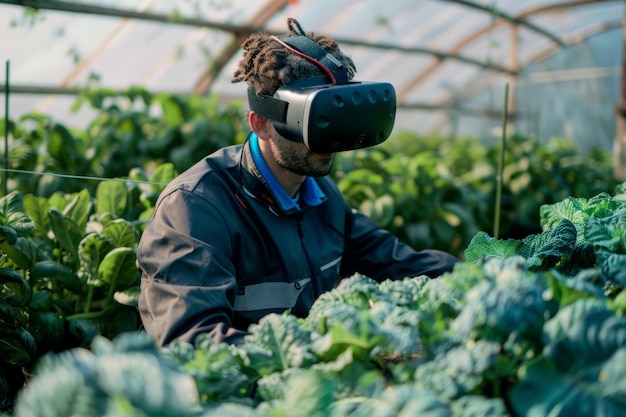 Rolnik noszący zestaw słuchawkowy VR do kontrolowania procesu uprawy Nowoczesna i inteligentna koncepcja rolnictwa Generatywna sztuczna inteligencja
