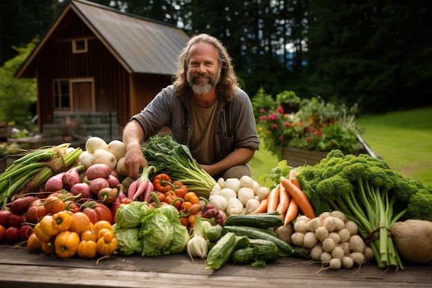 Rolnik permakultury pakujący świeże produkty organiczne, generowany przez Ai