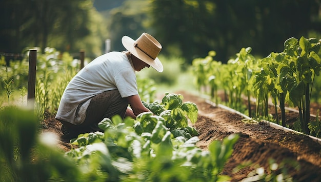Rolnik pracujący w ogrodzie warzywnym Selektywny charakter fokusu