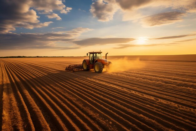 Rolnik pszenicy jeżdżący traktorem po nieskończonych złotych polach Generatywna sztuczna inteligencja