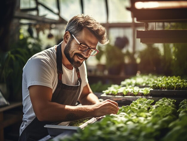 Rolnik rasy kaukaskiej pracuje w szklarni w gospodarstwie ekologicznym Uśmiechnięty ogrodnik uprawia rośliny organiczne