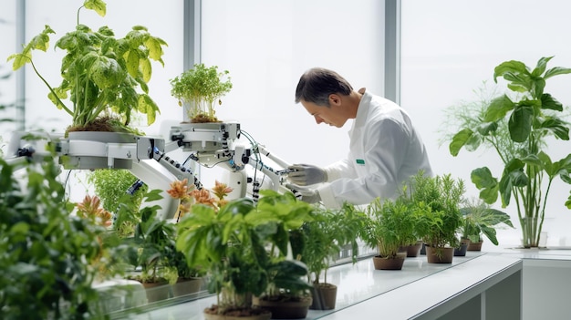 Rolnik robotyczny z ramieniem robotycznym pracujący w laboratorium ze świeżymi zielonymi roślinami na białym tle