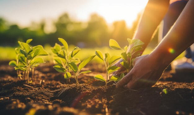 Rolnik sadzący sadzonkę w ogrodzie o zachodzie słońca koncepcja rolnictwa