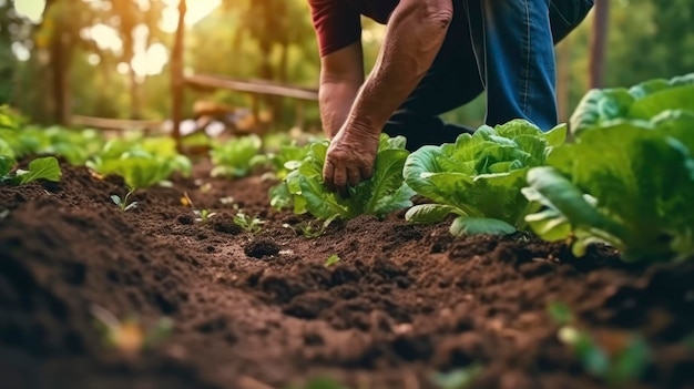 Rolnik sadzący sadzonki sałaty w rolnictwie ogrodniczym i rolnictwie