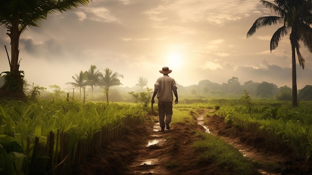 Rolnik spacerujący po plantacji w gospodarstwie