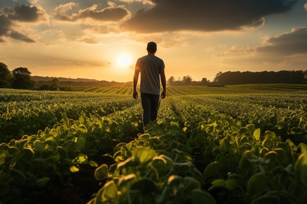 rolnik spaceruje po słonecznym polu