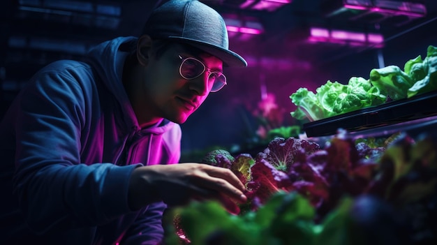 Rolnik sprawdza liście sałaty w szklarni w świetle ultrafioletowym