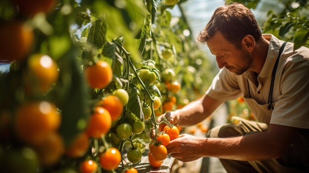 Rolnik sprawdzający rzędy roślin pomidorowych w szklarni z gromadkami dojrzałych pomidorów hanging