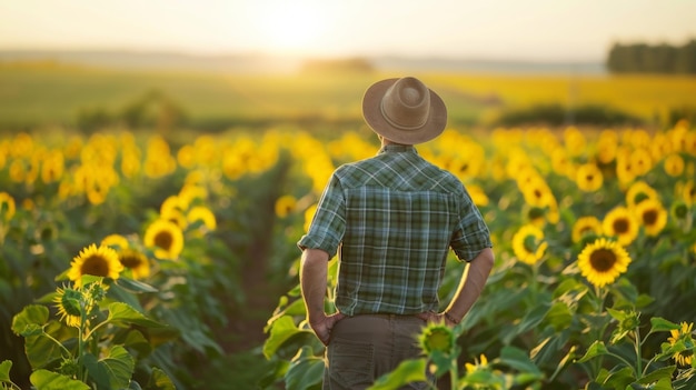 Rolnik stojący na polu jasnożółtych słoneczników, które są uprawiane jako źródło biopaliwa