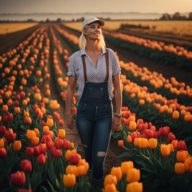 rolnik stojący na polu kwiatów tulipanów w dżinsach salopette uśmiecha się ilustrację