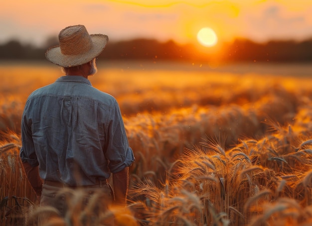 Rolnik stojący na polu pszenicy patrząc na zachód słońca