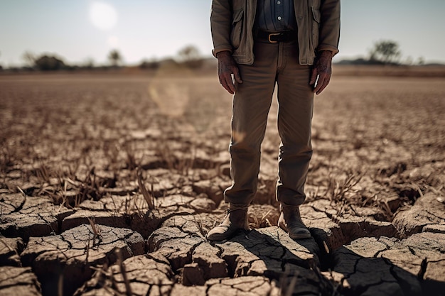 Rolnik stojący na suchej spękanej ziemi ziemia nie nadaje się do upraw generatywnych ai
