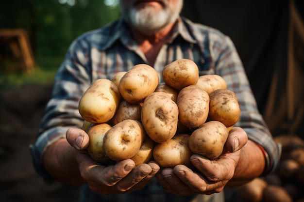 Rolnik trzyma w rękach ziemniaki.