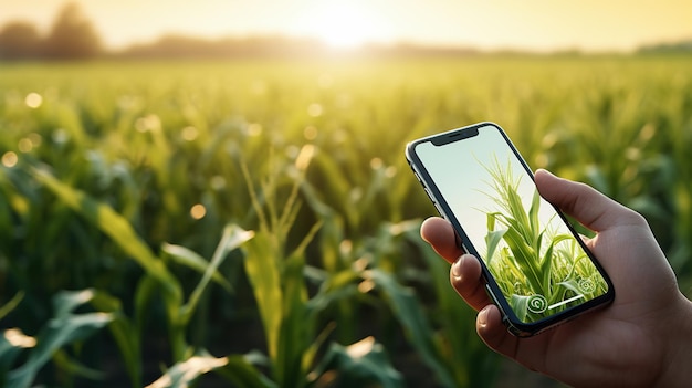 Rolnik trzymający smartfon przed polem kukurydzy Inteligentne rolnictwo cyfrowe Sterowanie uprawą roślin ze smartfona