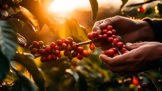rolnik trzymający w rękach dojrzałe czerwone jagody z bliska Generative AI