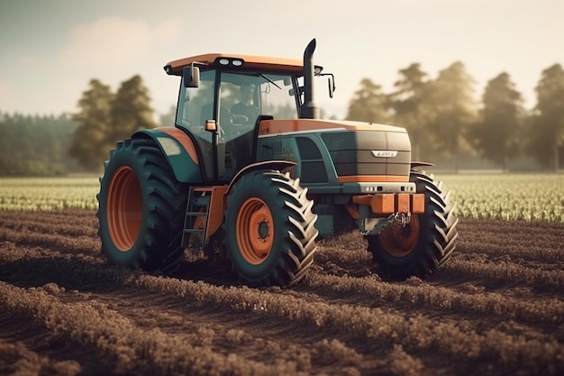 Rolnik w traktorze przygotowujący ziemię z kultywatorem do siewu o zachodzie słońca na polu generatywnym ai