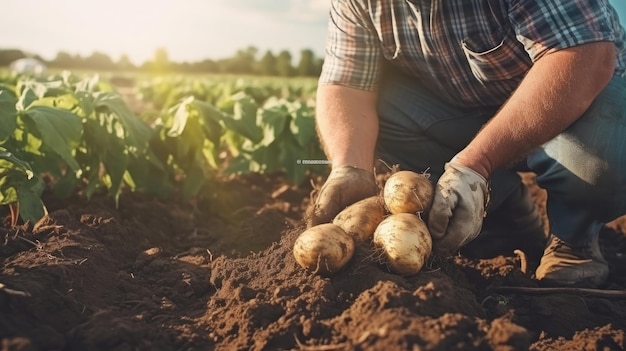 Rolnik wybiera ziemniaki z ziemi stworzonej za pomocą technologii Generative AI