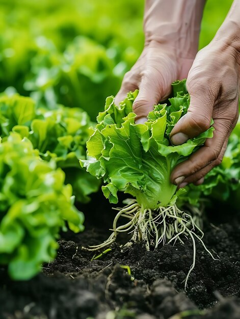 Rolnik z bliska trzyma i zbiera zielone liście sałaty sałaty z korzeniami Generatywna sztuczna inteligencja