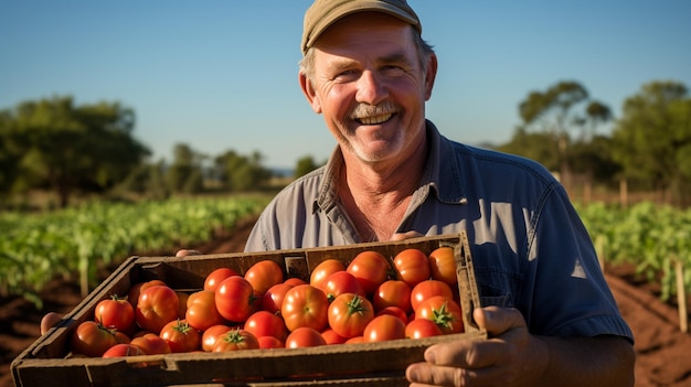 Rolnik z dumą wystawia skrzynię pomidorów właśnie zebranych z pól pokazujących obfitość