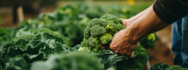 Rolnik zbiera brokuły selektywnie skoncentrowany na pożywieniu