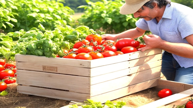 Rolnik zbiera świeże, dojrzałe warzywa pomidorowe i umieszcza je w drewnianej skrzynce