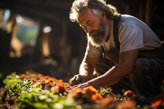 Rolnik zbiera świeże warzywa w słonecznym ogrodzie generatywnym IA