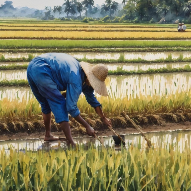 Rolnik zbierający ryż w krajobrazie wiejskim