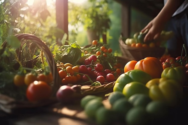 Rolnik zbierający warzywa przy zachodzie słońca, warzywa z bliska, świeże, zdrowe owoce