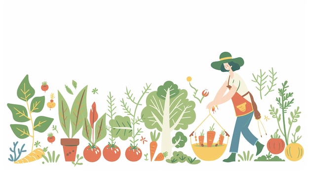 rolnik zbierający warzywa w garnku w stylu eleganckich ilustracji organiczny materiał rzadki
