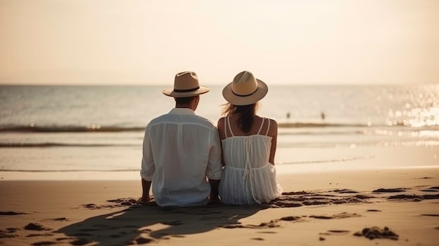 Romans na plaży para ciesząca się słońcem i morzem generowana przez sztuczną inteligencję