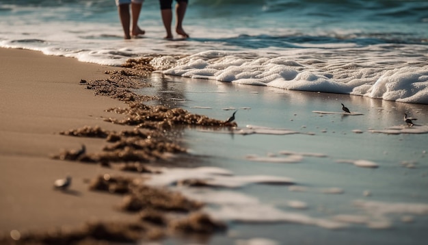 Romans o zachodzie słońca na rozbijających się falach plaży generowany przez sztuczną inteligencję